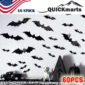 60Pcs 3D Bats Decor Halloween Party Waterproof PVC Home Window Wall DIY Stickers - Picture 1 of 9