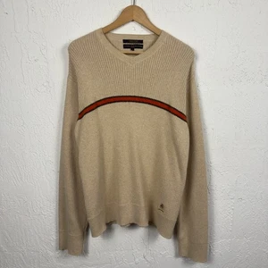 Vintage 90s Tommy Hilfiger Beige Ribbed Knit Sweater Red Stripe Size Large - Picture 1 of 4