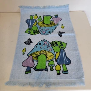 Vintage 70s Kitchen Hand Tea Towels Mushrooms Butterflies Blue Retro - Picture 1 of 5