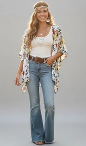 Miss Me Kimono Floral Gauzy Blanco Talla GRANDE Bohemio Vacaciones Festival Rodeo - Imagen 1 de 8