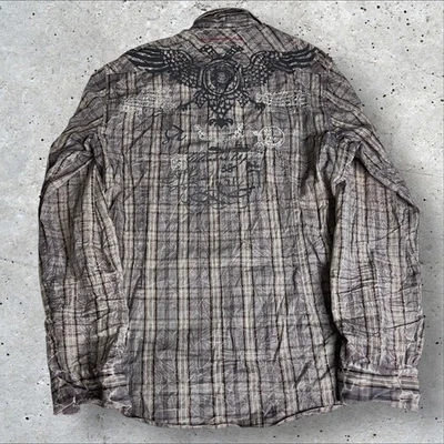 Vintage Y2K Guess Plaid Button Down Emo Alt Grunge Embroidered Wings Shirt Long - Image 1 of 4