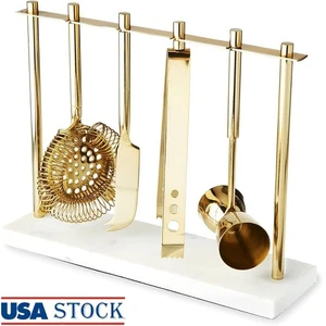 Stainless Steel Bar Tools Set W/ Marble Stand Cocktail Mixing & Bartending New - Picture 1 of 10