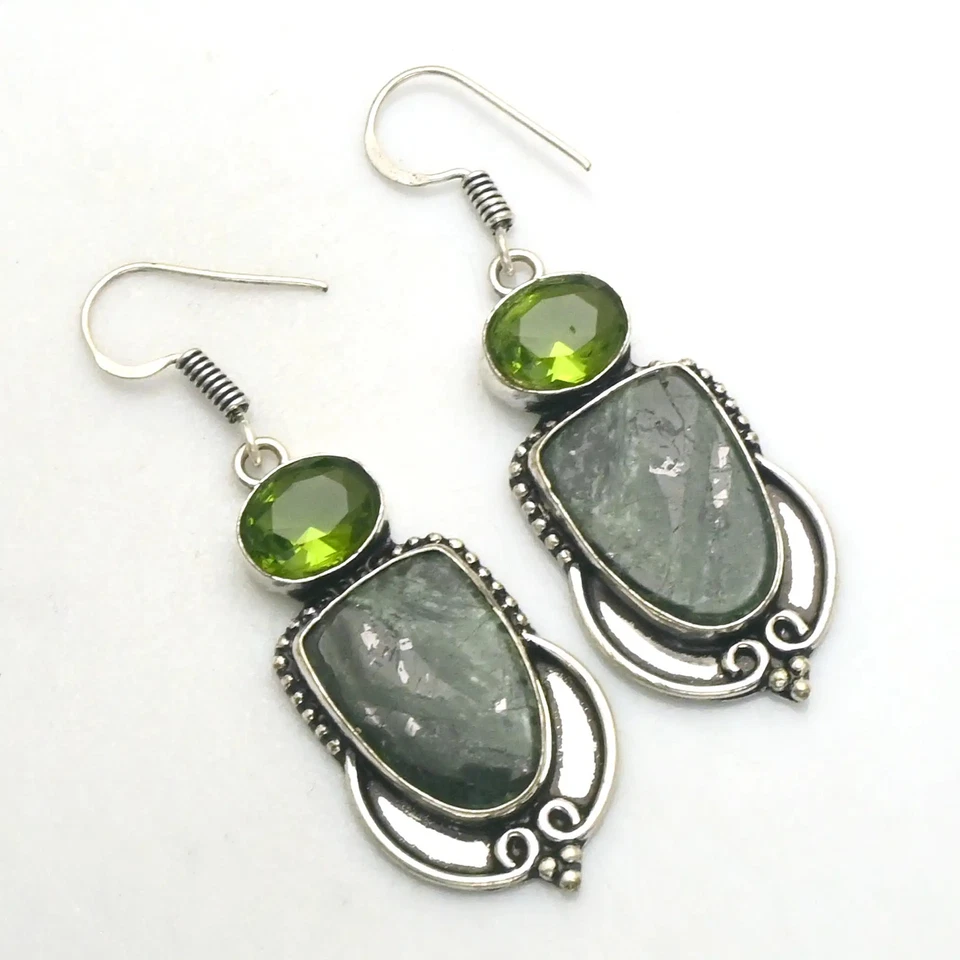 Meteorite Jasper Peridot Gemstone Drop Dangle Earrings Jewelry 1.8" AE-93174 - Image 1 of 1