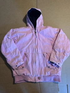 Vintage Justin Boots Workwear Heavy Canvas Pink Jacket Hooded Lined Large - Picture 1 of 9