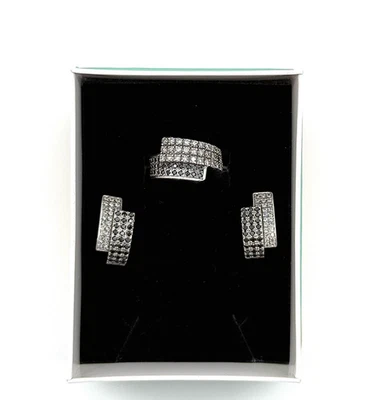 Elegant Vintage 925 Silver Earrings and Ring Set – CZ Black & White - Image 1 of 4
