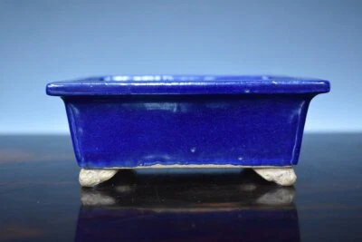 Japanese Bonsai Pot 2nd HEIAN TOFUKUJI 4.5"(11.5cm) Blue Glazed Rectangle L254 - Image 1 of 4
