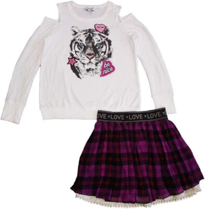 Jessica Simpson Girl's Cold-Shoulder White Top and Pink Plaid Skirt Set, XS 5/6 - Picture 1 of 3