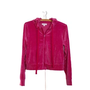 Colsie Hot Pink Velvet Ribbed Hoody Cropped Sweatshirt XS Full Zip & Pockets - Picture 1 of 8