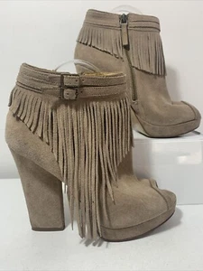 NINE WEST Taupe Suede Leather Ankle boots. tassal detail. block heel. Size 6.5 - Picture 1 of 12