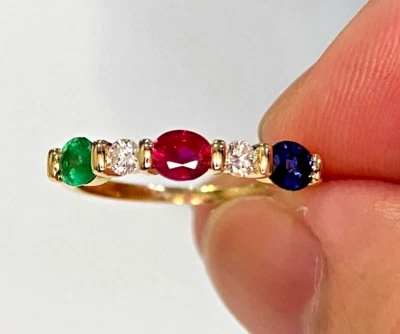 Anillo de eternidad de boda con zafiro esmeralda rubí natural enchapado en oro amarillo de 14 k Foto 1 de 4