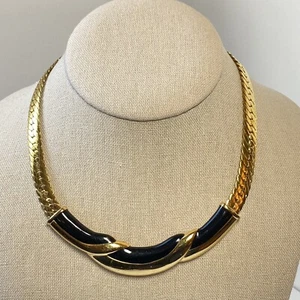 Vintage Napier 80er Retro schwarz Emaille goldfarben Fischgrät Kette Choker Halskette - Bild 1 von 11