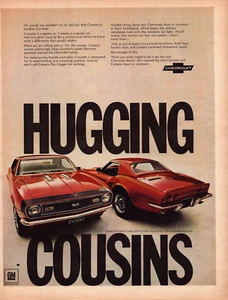 Chevrolet RED Corvette Camaro "Hugging Cousins" Man Cave Vintage Print Ad 1968 - Picture 1 of 4