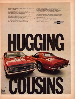 Chevrolet RED Corvette Camaro "Hugging Cousins" Man Cave Vintage Print Ad 1968 - Image 1 of 4