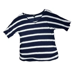 AGB Sweater Women Size XL Black Oat Stripe Short Sleeve Lightweight V-Neck Comfy - Picture 1 of 6