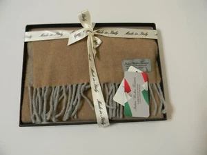 ITALIAN WOOLLEN TREASURES Herren Schal zwei Seiten beige grau 100% Kaschmir Fransen - Bild 1 von 4