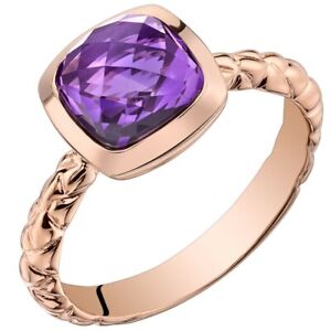 14K Rose Gold 2.00 ct Purple Amethyst Gemstone Cushion Cut Solitaire Dome Ring
