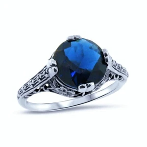 ART DECO STYLE  925 SOLID STERLING SILVER SIMULATED SAPPHIRE FILIGREE RING 1162 - Picture 1 of 3