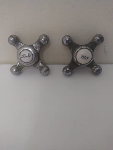 Vintage Brass Faucet  Sink Tub Hot Cold Water Knobs Handles Porcelain button Cover