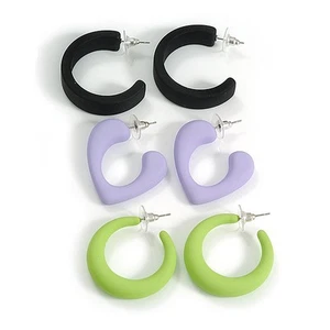 Black/Lavender/Lime Green Matte Acrylic Hoop Earrings - Set of 3 Pairs - Picture 1 of 6