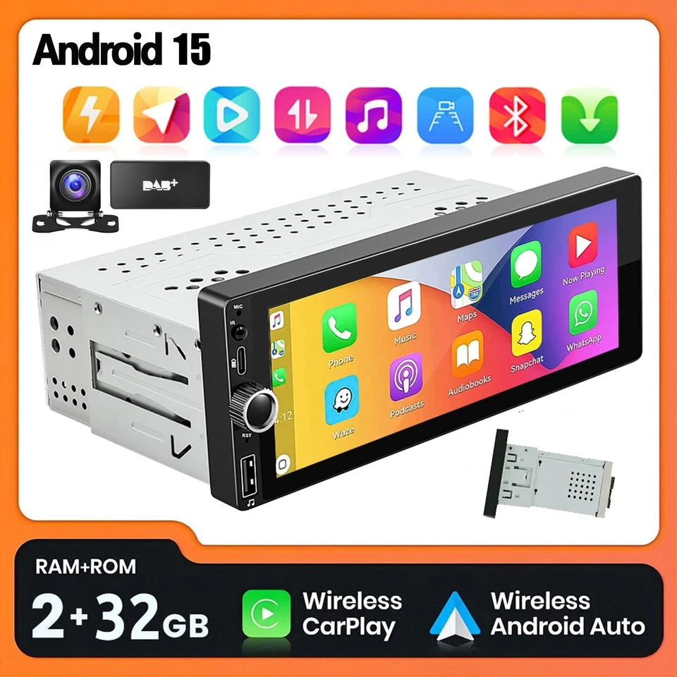 Autoradio 1DIN mit RDS/NAVI/WIFI/BT Android 15 Wireless CarPlay Touchscreen DAB+ - Bild 1 von 4
