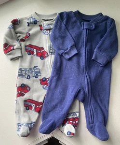 CARTER'S Newborn Set of 2 - Fleece One Piece Zip up Sleepers Fire Trucks Camping - Picture 1 of 3