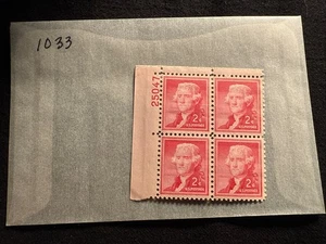 US - 1954 Liberty Issue: Thomas Jefferson 2c - SC# 1033 Placca Blocco di 4 MNH - Foto 1 di 5