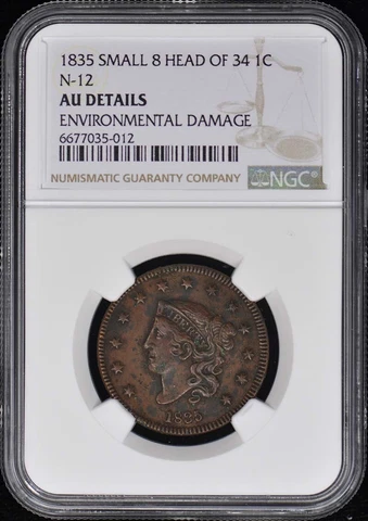 1835 SMALL 8 HEAD OF 34 Coronet Cent N-12 1C NGC AU Details BN Cover