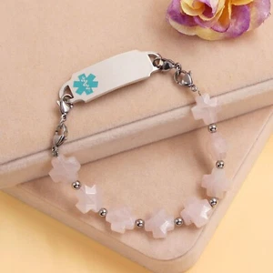 Personalized Medical Alert ID Silver Bracelet For Women with Pink Quartz - Picture 1 of 5