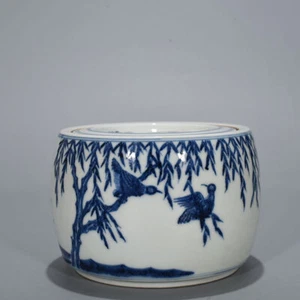 Antica porcellana 5,5" dinastia ming marchio xuande fiori bianchi blu vaso uccellino - Foto 1 di 9
