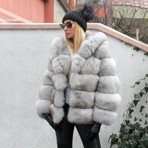 Frauen Echt Fuchs Pelz Mantel Natürliche Echte Kapuze Pelz Jacke Winter Dick - Picture 1 of 6