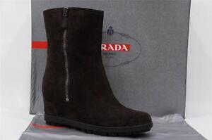 PRADA BROWN SUEDE DOUBLE ZIP ANKLE WEDGE BOOTS SHOES 39.5/9.5 $690