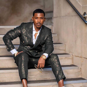 Men's Suits Slim Fit Retro Gilded Jacquard Jacket Pant Double Breasted 2 Pieces