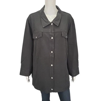 Quacker Factory DreamJeannes Rhinestone Cuff Jacket 3X Plus Size Black w Pockets - Image 1 of 4