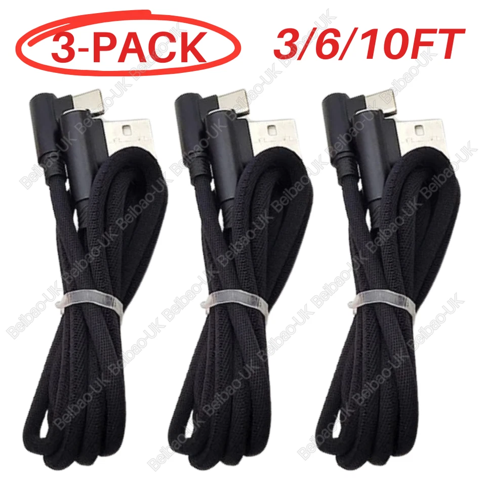 3Pack 90 Degree Right Angle Micro USB Charger Cable 3/6/10Ft For Samsung Android - Image 1 of 4