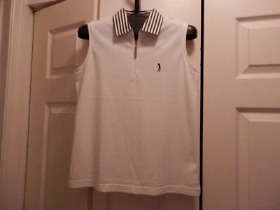 Camisa de golf Izod para mujer, sin mangas, blanca, cuello a rayas, pequeña Foto 1 de 4