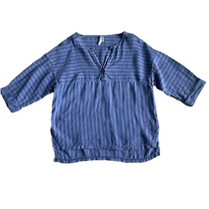 XCVI 100% Linen Blouse XS Blue Striped V-Neck Boxy Shirt Oversized Lagenlook - Picture 1 of 8