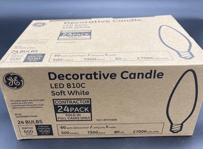 24 Pack GE Soft White LED B10C Candelabra Base Bulbs 60W EQ 5W Decorative Candle - Image 1 of 4