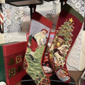Vintage 2  Needlepoint Christmas Stockings Santa In Horse/ Bear & Golfing Santa - Picture 1 of 10