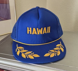 Vintage Hawaii Blue Hat Snapback Trucker Foam Mesh Leaf Motif Embroidered Brim - Picture 1 of 6