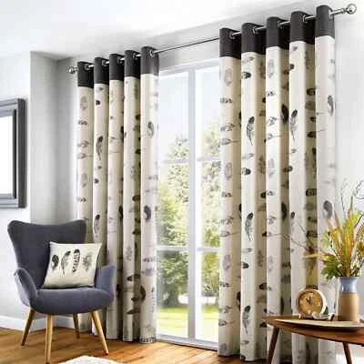 Fusion Idaho Feather 100% Cotton Eyelet Fully Lined Curtains Pair Charcoal Grey - Image 1 of 4