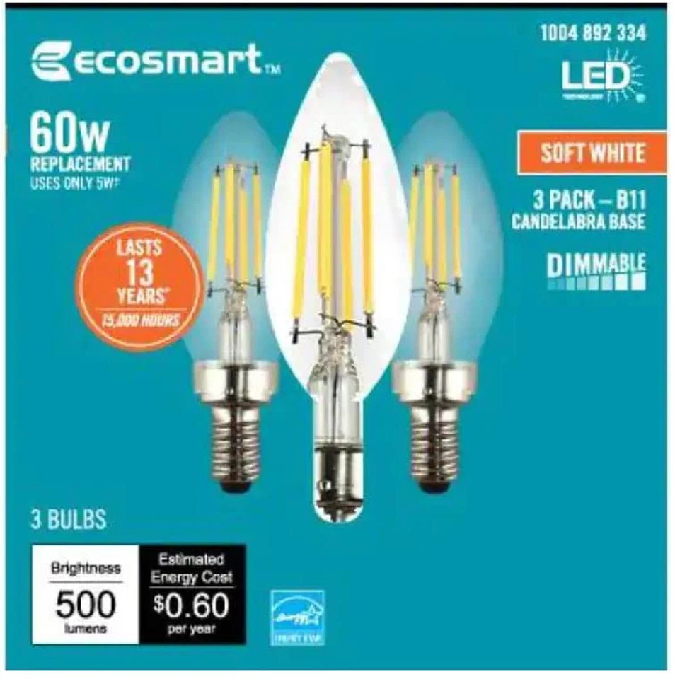 18pk Ecosmart 60w EQUIV B11 Dimmable Clear Glass LED Light Bulb Soft White