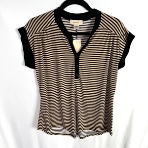 Diana Belle Women's Top Size Large Black/Beige Striped V-Neck NEW - Picture 1 of 5