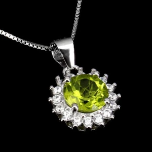 925 Sterling Silver Necklace Round Peridot 7mm Cz Gemstone Jewelry - Picture 1 of 9