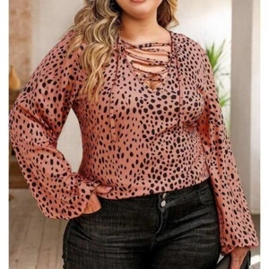 Leopard Print Lace Up Top 1X (3737) - Picture 1 of 6