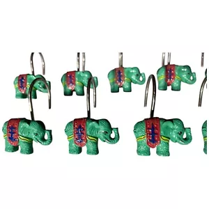 Shower Hooks Set of 12 Green Elephant with Blankets India Inspired - Picture 1 of 8