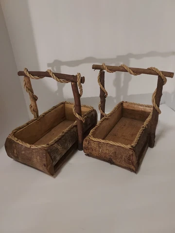 Wooden Baskets Pair Handmade Rope Edge Cover