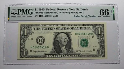 $1 1995 Radar Serial Number Federal Reserve Currency Bank Note Bill PMG UNC66EPQ - Image 1 of 3