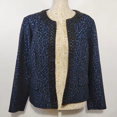 Chico's Women's Size 1/8-10 Blue Jacquard Animal Print Embellished Trim Blazer - Image 1 of 4