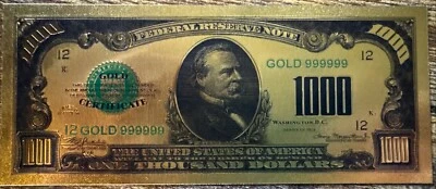 1928 $1000 Novelty 24K Gold Foil Note Bill Banknote Grover Cleveland Collectible - Image 1 of 2