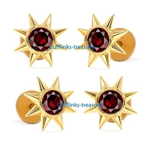 Natural Garnet Gemstone 925 Sterling Silver Gold Plated Tuxedo Buttons Set #211 - Picture 1 of 5